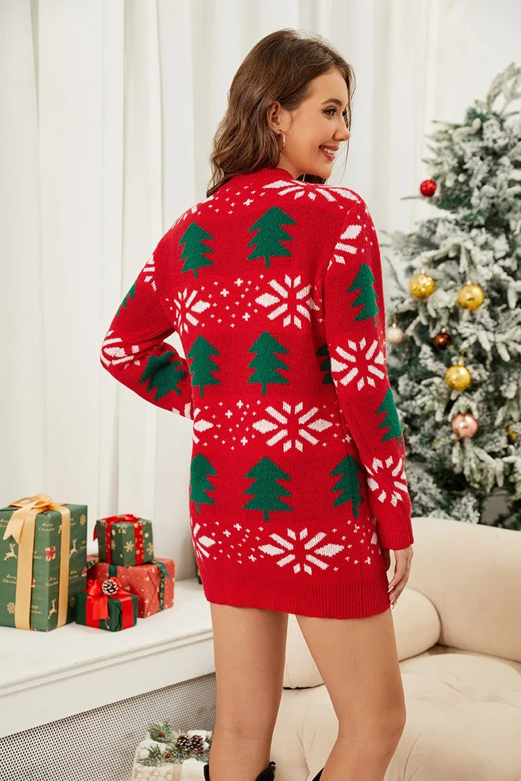 Knit Christmas Tree Print Fitted Mini Dresses