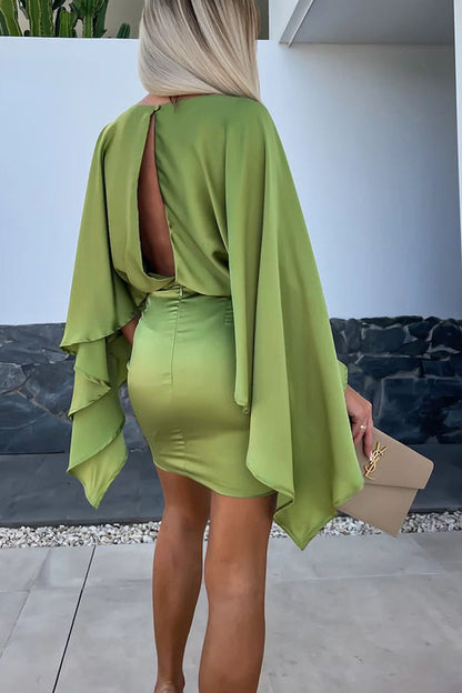 Wings Satin Butterfly Sleeves Elastic Waist Formal Mini Dress
