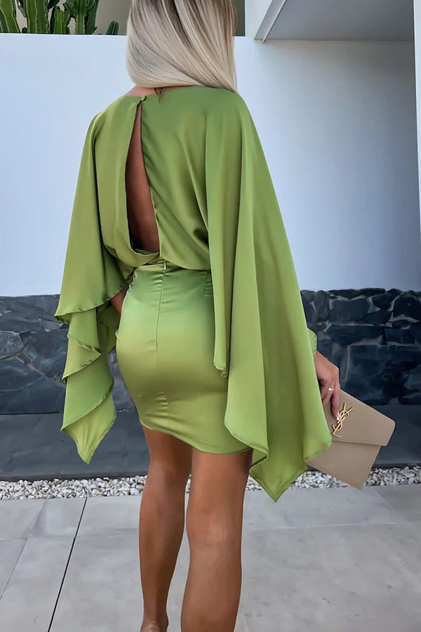 Wings Satin Butterfly Sleeves Elastic Waist Formal Mini Dress