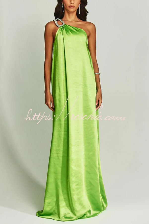Charming Glance Satin Metal Hardware One Shoulder Loose Maxi Dress