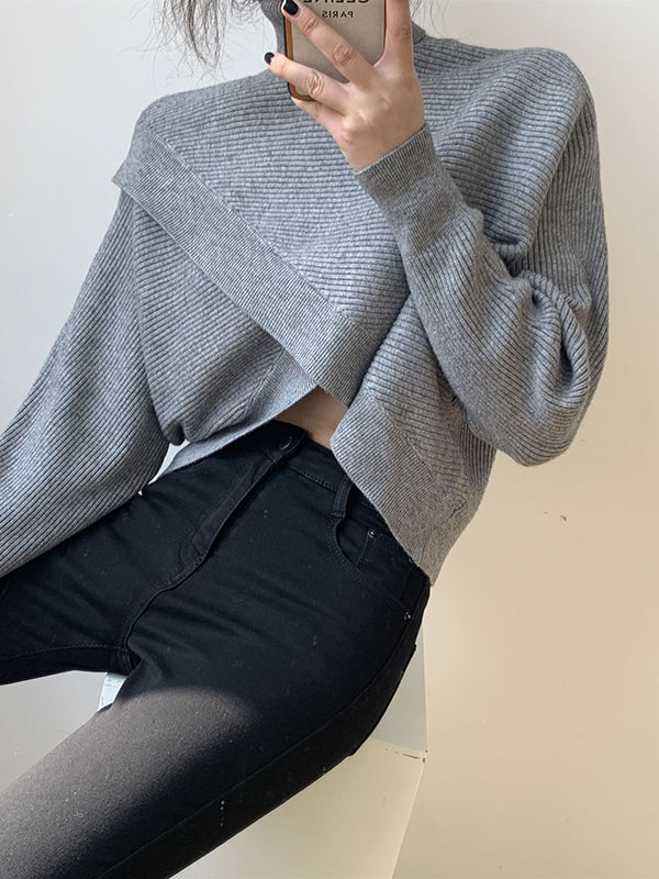 Urban White High-neck Split-front Long Sleeve Crop Sweater An1034