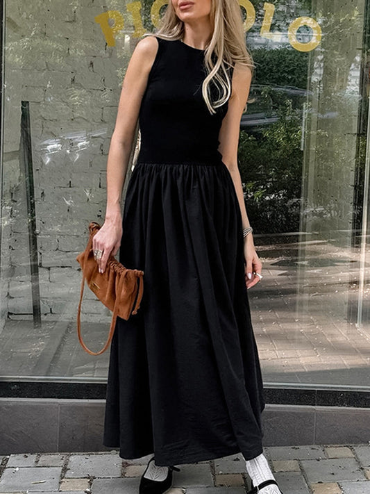 A-line Sleeveless Color Split-joint Round-neck Maxi Dresses