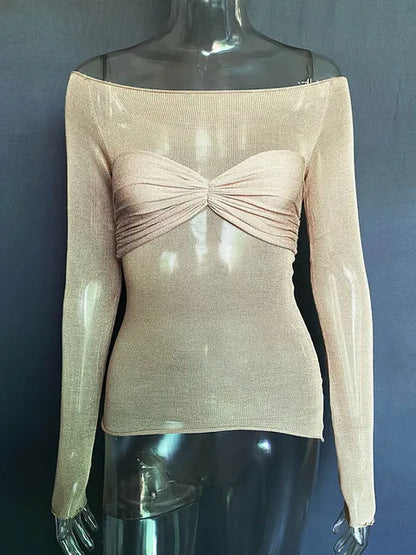 Long Sleeve Shoulder Gauze T-shirts Slim Versatile T-shirt Spring Female Off Shouler Tops