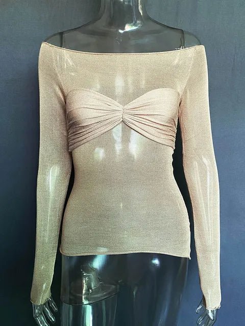 Long Sleeve Shoulder Gauze T-shirts Slim Versatile T-shirt Spring Female Off Shouler Tops