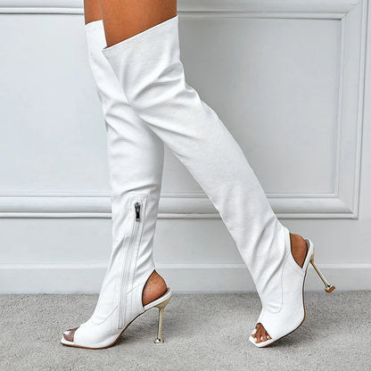 Spring Autumn Zip Metal Thin Heels Open Toe Leather Thigh High Over the Knee Boots Party Club Stripper Shoes