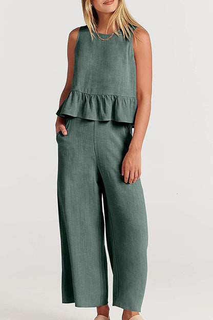 Sleeveless Pleated Vest Wide-leg Cropped Pants Suit