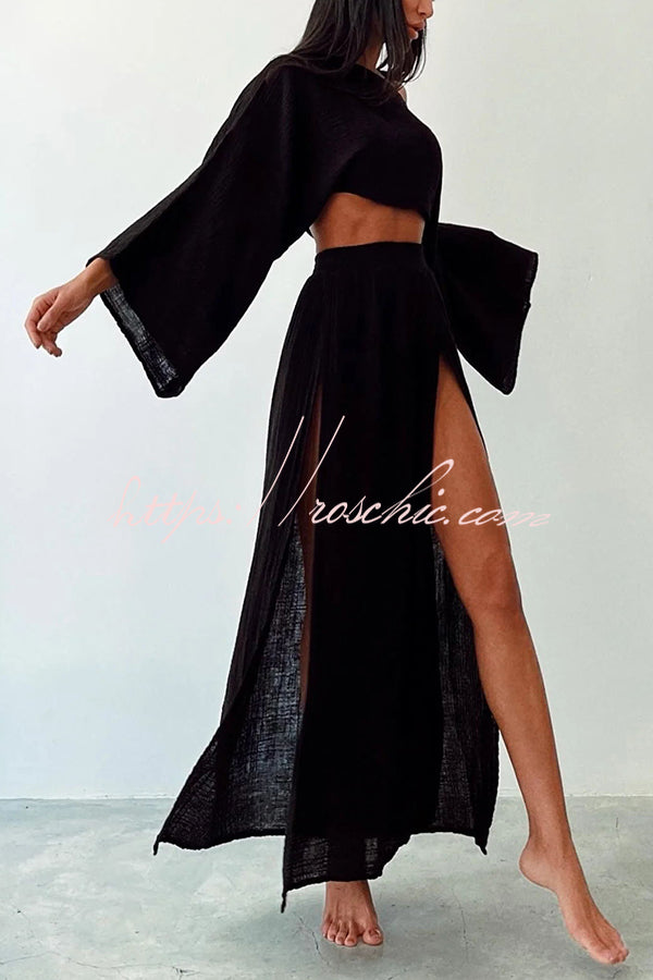 Beach Linen Blend Wide Sleeve Blouse and Elastic Waist Double Slit Skirt Set