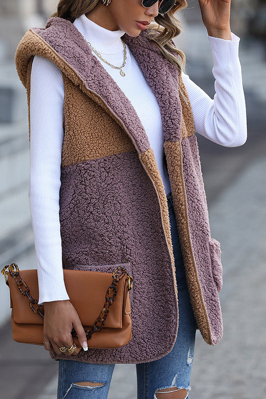 Hooded Sleeveless Colorblock Pocket Buttonless Mid-length Cardigan Puff Velvet Jacket