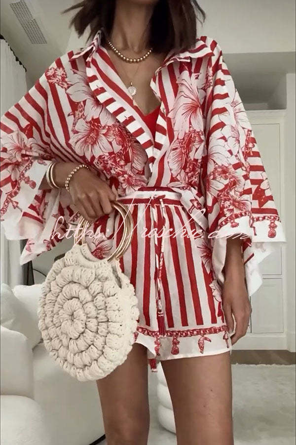 Like Paradise Print Wide Sleeve Shirt and Elastic Waist Pocketed Shorts Set