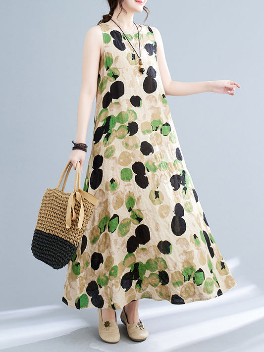 Loose Sleeveless Printed Split-joint Round-neck Maxi Dresses