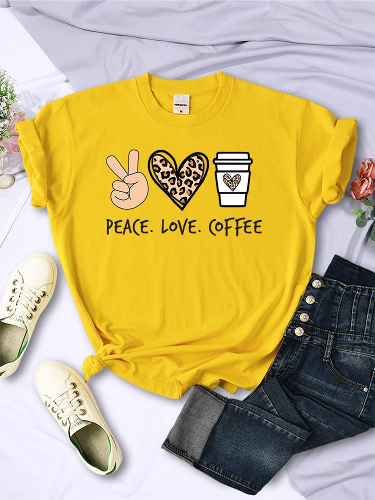 Peace Love Coffee Prints Tshirts Cotton T-shirts Brand Breathable Tees Shirts Street O-neck Tshirt for