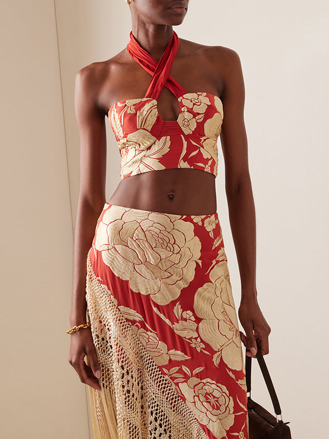 Print Bikini and Fringed Skirt