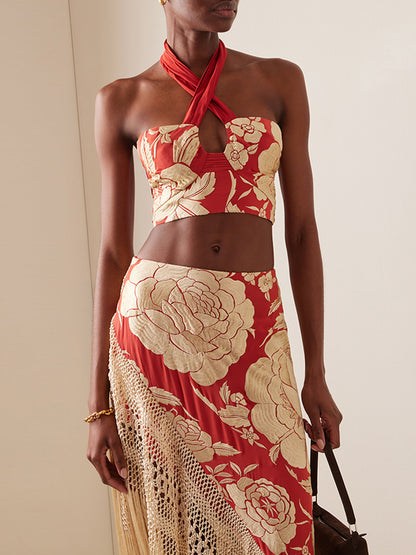 Print Bikini and Fringed Skirt