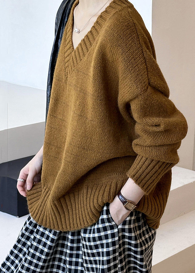 New Brown Hollow Out Cozy Cotton Knit Sweaters Long Sleeve Af1098