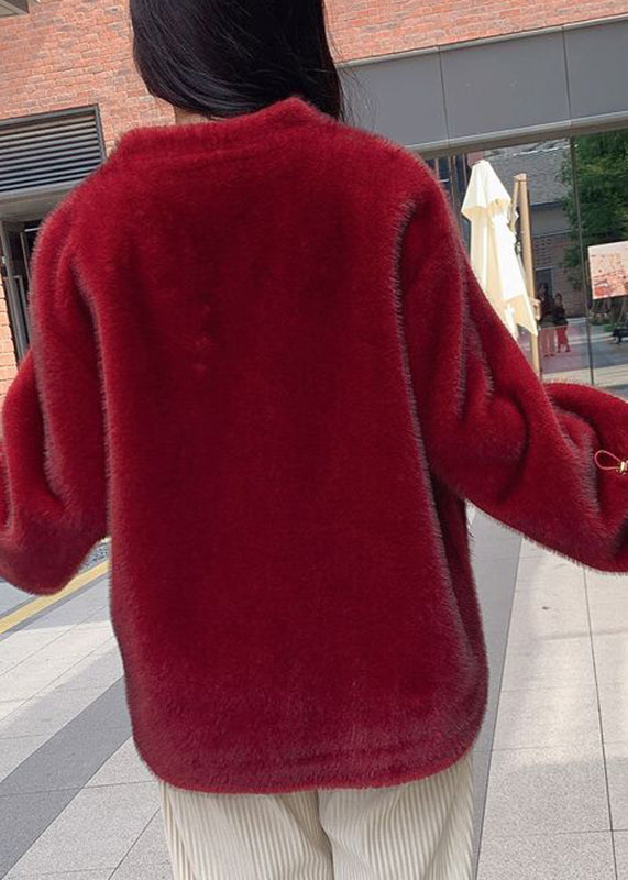 Style Red V Neck Drawstring Thick Mink Velvet Coats Winter Wv026
