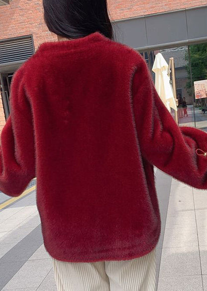 Style Red V Neck Drawstring Thick Mink Velvet Coats Winter Wv026