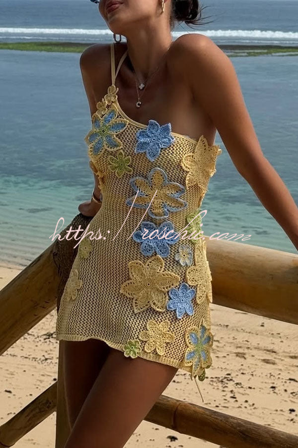 Nammos Knit Crochet Handmade Flower One Shoulder Back Tie-up Stretch Mini Dress