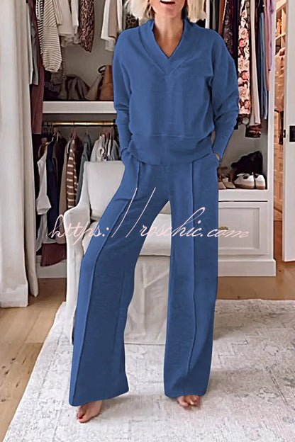 Weather Gets Cold Color V-neck Top and Elastic Waist Pocketed Lounge Pants Set