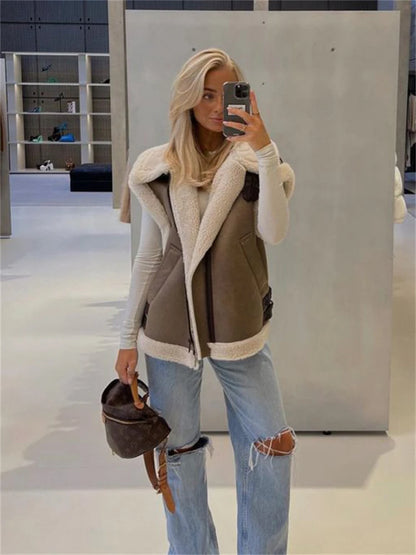Suede Leather Thick Fleece Jacket Autumn Winter Splice Sleeveless Faux Shearling Jackets Vest Y2k Cardigans Coats