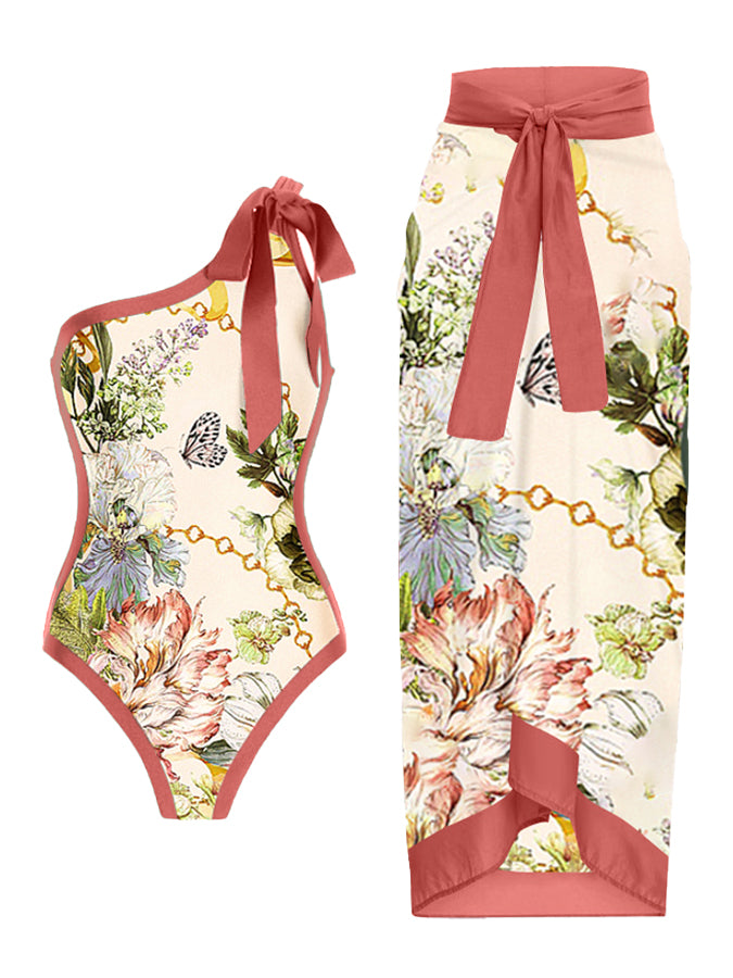 One Shoulder Print One Piece Swimsuit and Skirt