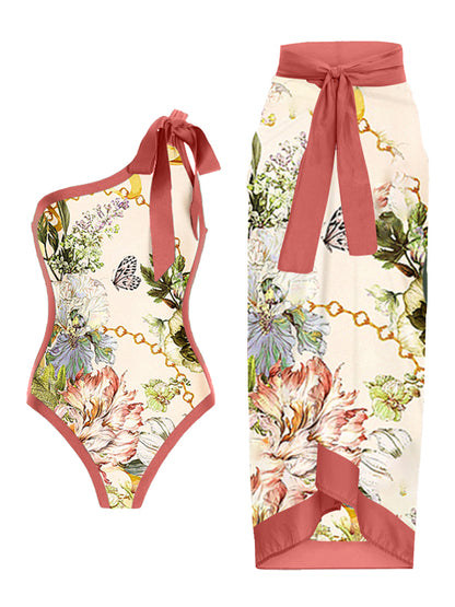One Shoulder Print One Piece Swimsuit and Skirt