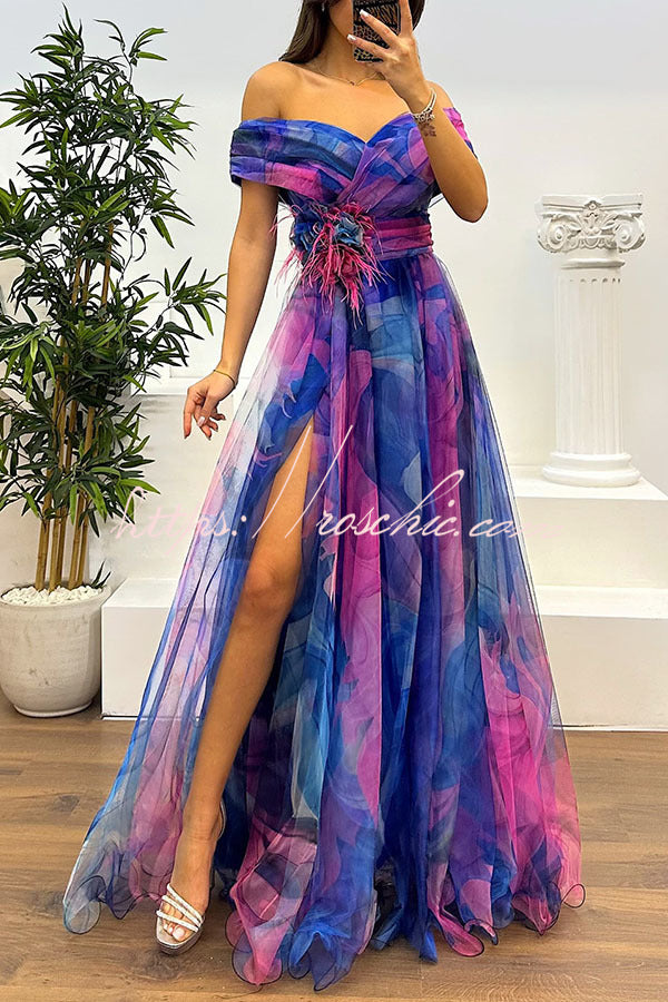 Jinnie Tulle Feather Pendant Pleated Off Shoulder Slit Maxi Dress