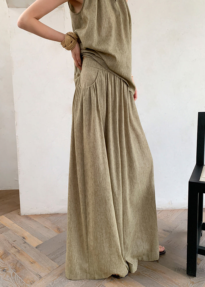 French Green Tops and Pants Linen Two Pieces Set Sleeveless Ee037