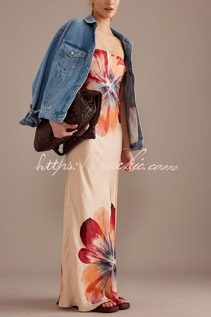 Charming Lady Satin Print Bandeau Loose Maxi Dress
