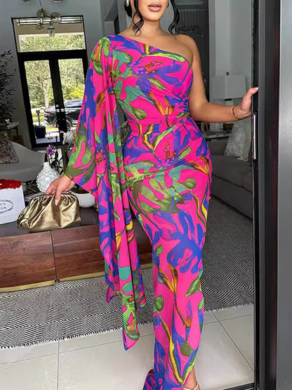 Bodycon Sleeveless Asymmetric Pleated Printed One-shoulder Maxi Dresses