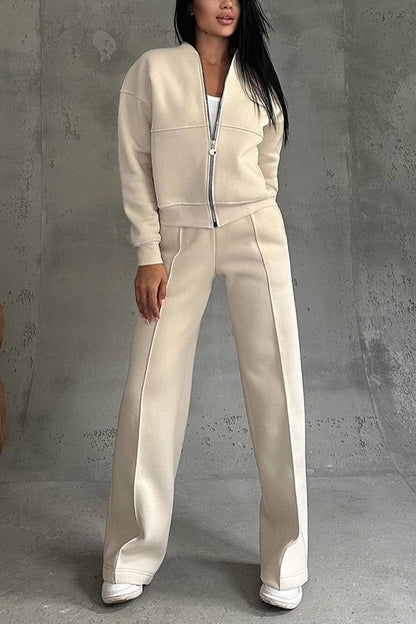 Color Long Sleeve Zipper Jacket and Elastic Waist Pocket Wide Leg Pants Set