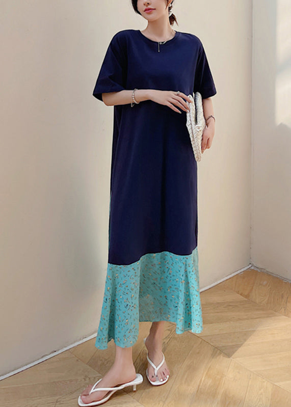 Navy Print Patchwork Fake Two Pieces Maxi Dresses Short Sleeve Tt1041