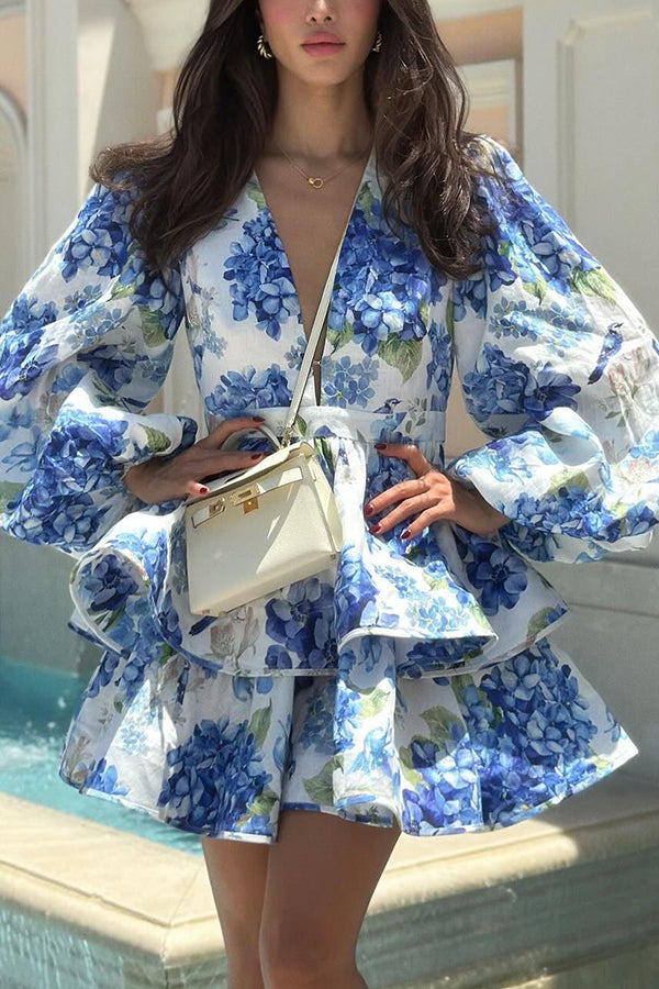 Feminine and Print Deep V-neck Balloon Sleeve Tiered Mini Dress