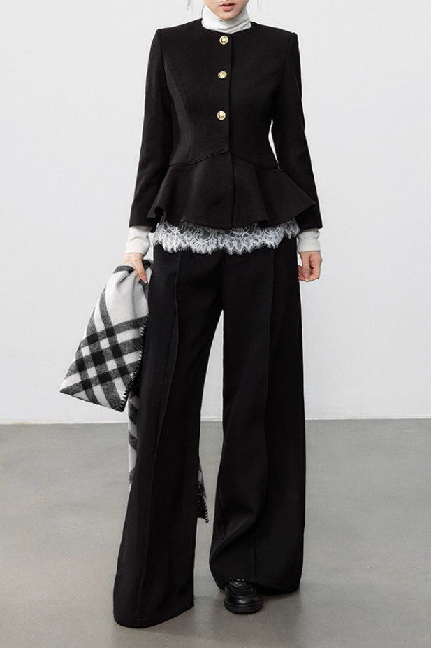 Black Pleated Waist Wool Coat