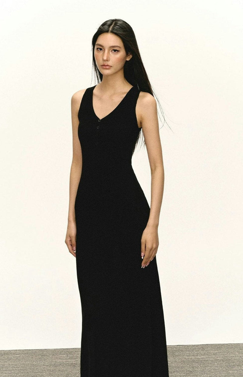 V-neck Button Detail Maxi Dress