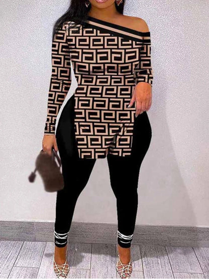Chain Print Side Split Pants Set for Bateau Neck Long Sleeve Two Pieces Matching Suits Outfit
