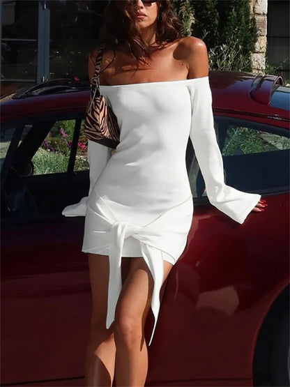 Bandage Off-shoulder Mini Dress for Patchwork Lace-up Backless Clothes Bodycon Dress