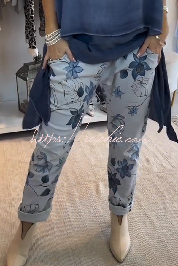 Botanical Print Elastic Waist Pockets Pants