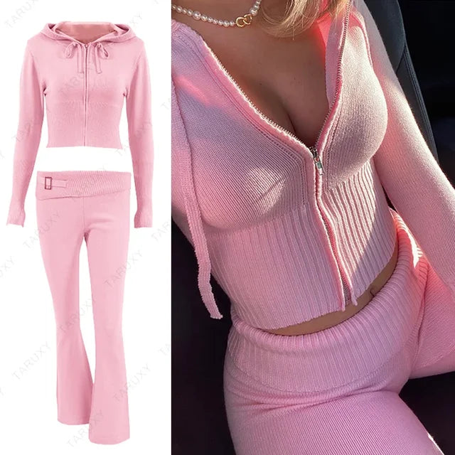 Spring Outfits Zipper Sweater Hoodie Set High Waist Flare Pants Suits Pink Knitted Y2k Two Piece Set