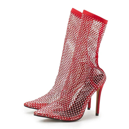 Liyke Yellow Green Mesh Ankle Boots Crystal Stretch Fabric Socks Shoes Party Nightclub Stripper Heels Pumps