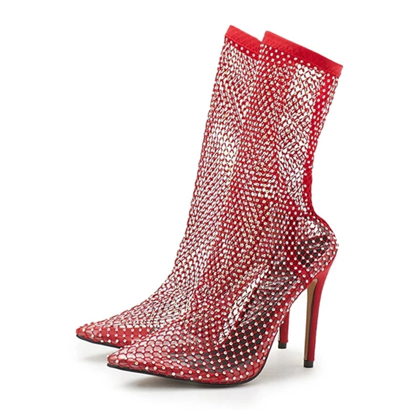 Liyke Yellow Green Mesh Ankle Boots Crystal Stretch Fabric Socks Shoes Party Nightclub Stripper Heels Pumps