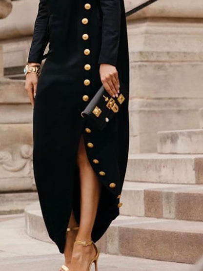Long Sleeves Loose Asymmetric Buttoned Split-joint Split-side Mock Neck Maxi Dresses