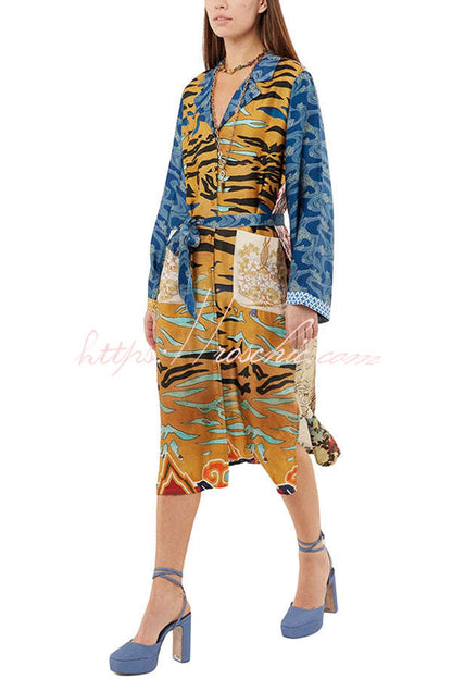 Tropical Jungle Tiger Unique Print Long Sleeve Belt Pocketed Kimono Coat