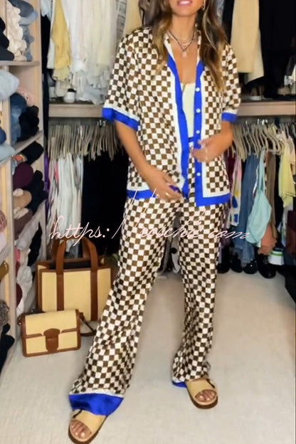 Olivia Satin Checkerboard Colorblock Print Shirt and Elastic Waist Pocketed Loose Pants Set