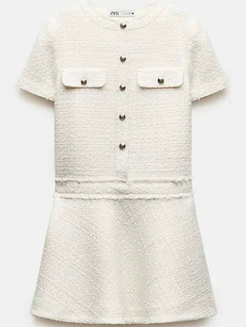 1960s London Girl Tweed Textured Gold Button Short Sleeve Pocketed Mini Dress