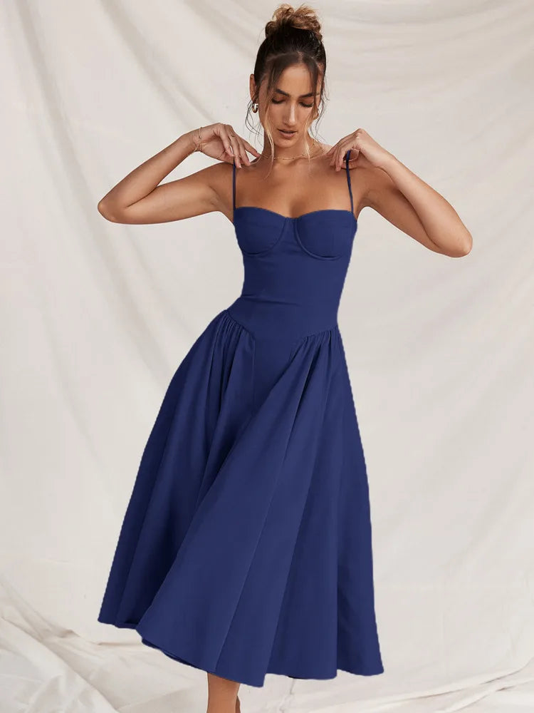 Dress Spaghetti Strap A-line Loose Midi Dresses Female Sleeveless Backless French Retro Long Dress
