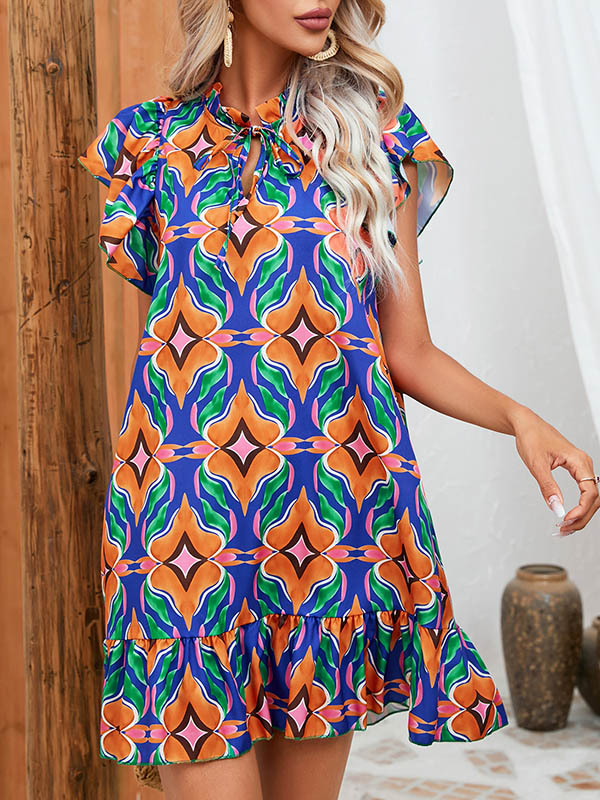 A-line High Waisted Hollow Pleated Printed Split-joint Tied Round-neck Mini Dresses