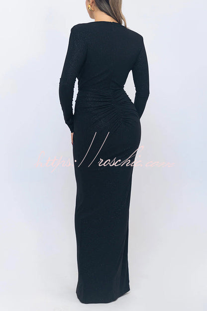 Color Shiny V-neck Long Sleeve Ribbon Slit Slim Fit Maxi Dress