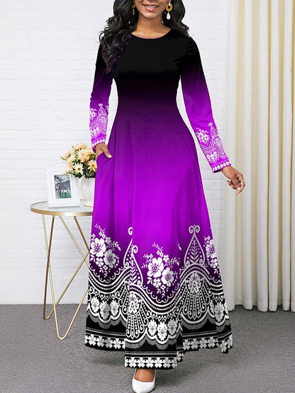 Long Sleeves Contrast Color Printed Round-neck Maxi Dresses