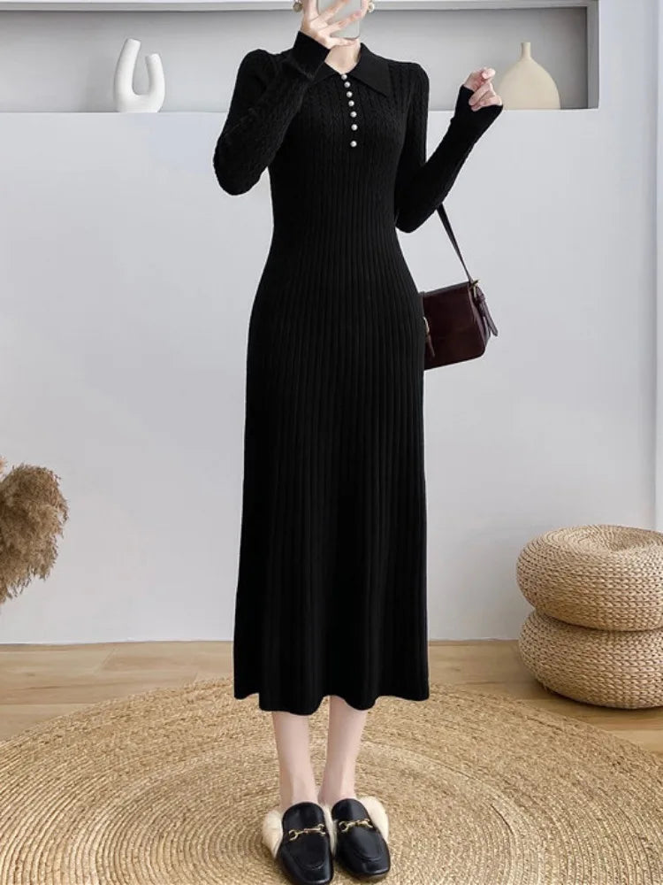 Ribbed Autumn Knit Long Dress for High Waist Long Sleeve Dress Lapel Loose Knitwear Maxi Dress