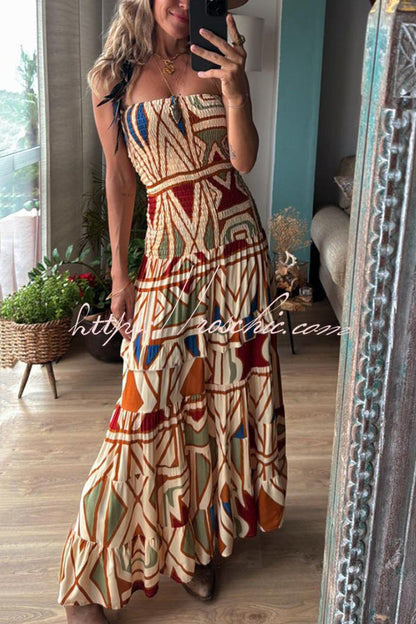 Style Unique Print Tube Top Pleated Maxi Dress